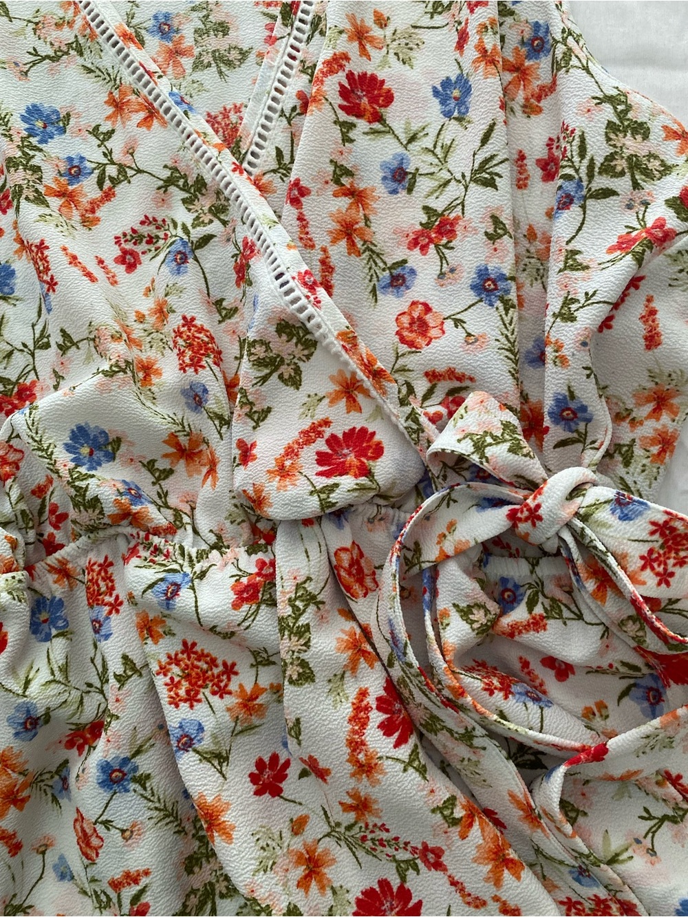 Floral Wrap Camisole in Cream with Red & Blue Blooms - Picture 6 of 11